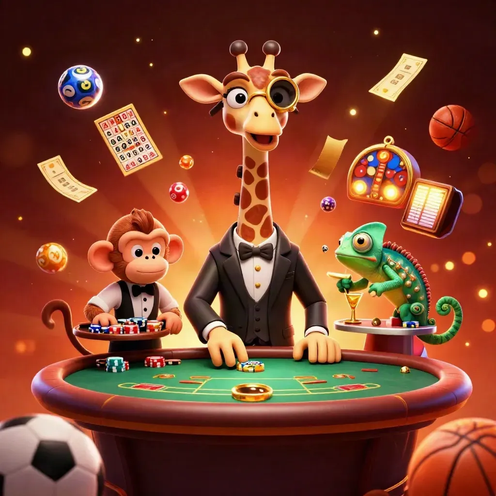 Giraffe, monkey, and chameleon at a glowing casino table with balls, tickets, and sports props.