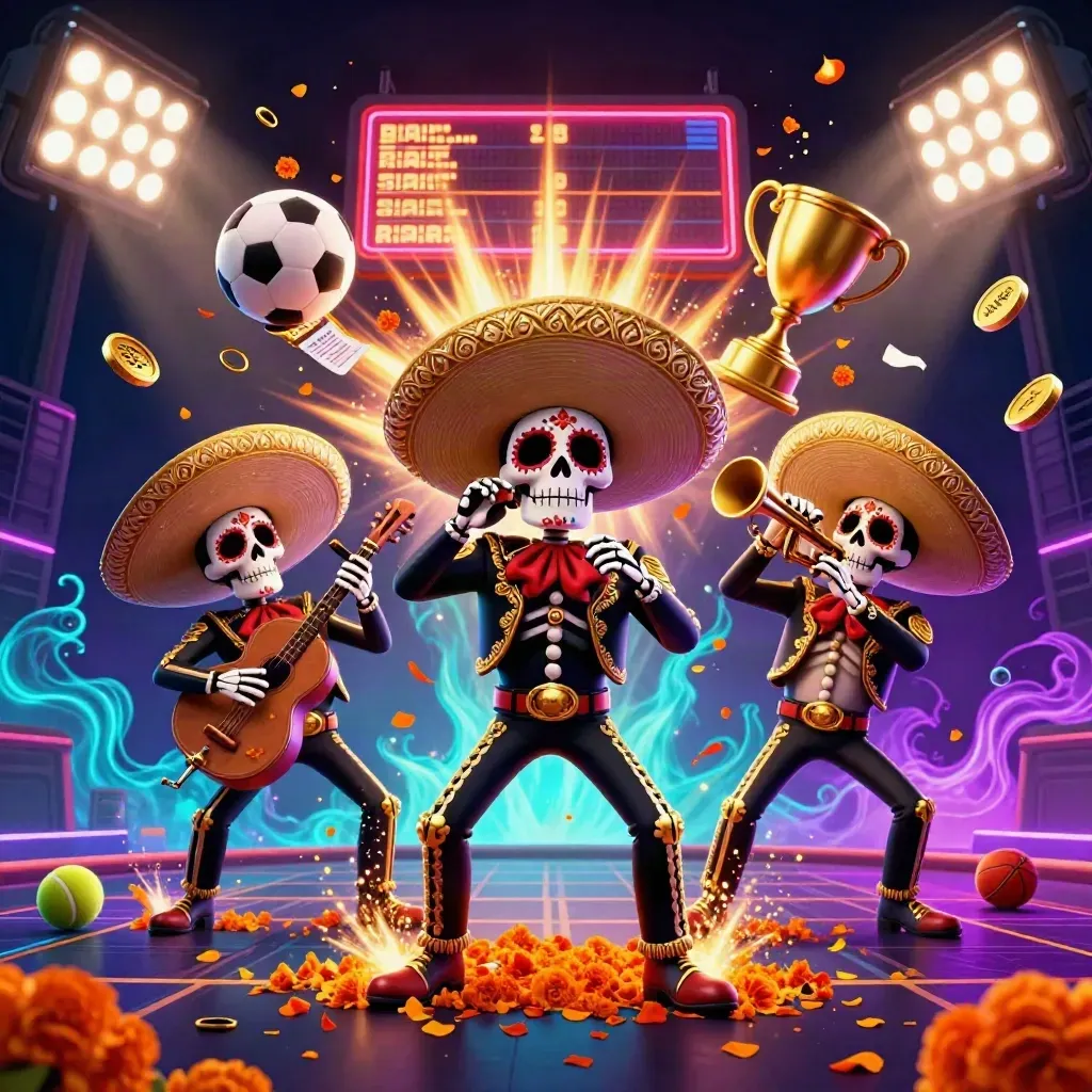 Skeleton mariachi trio amid flying sports balls, gold coins, and neon casino light