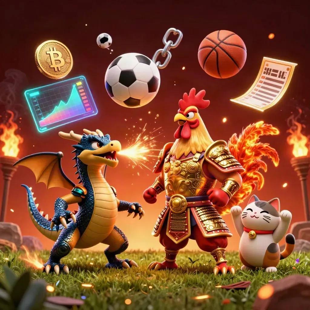 Rooster warrior, dragon hatchling and fortune-cat amid soccer ball, basketball, coins and sparks
