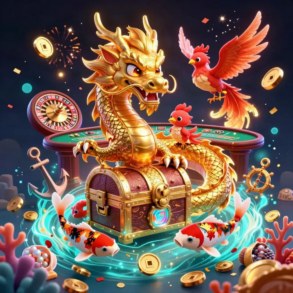 Golden dragon, phoenix, and koi over treasure in a luxe casino cove with neon sparks and confetti.