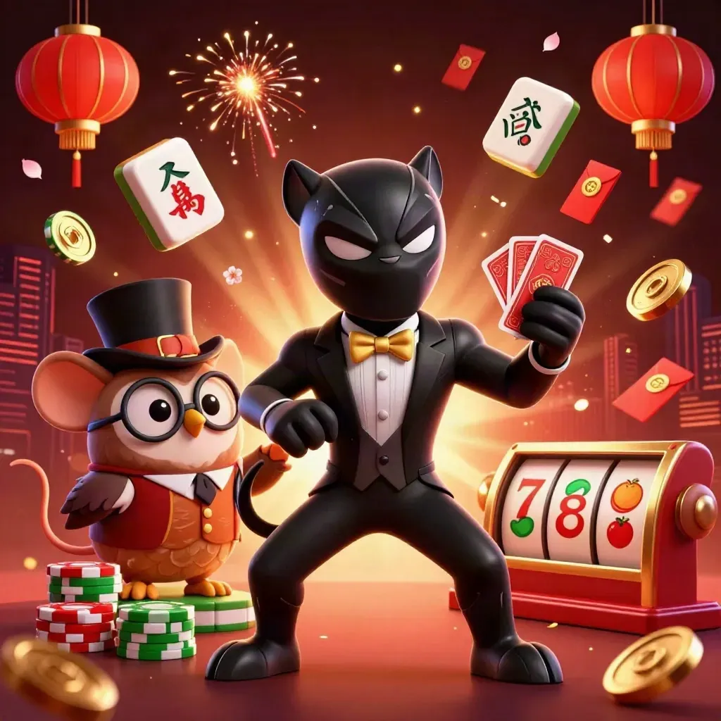 Panther, owl, and mouse in a flashy casino blast with coins, lanterns, and fireworks