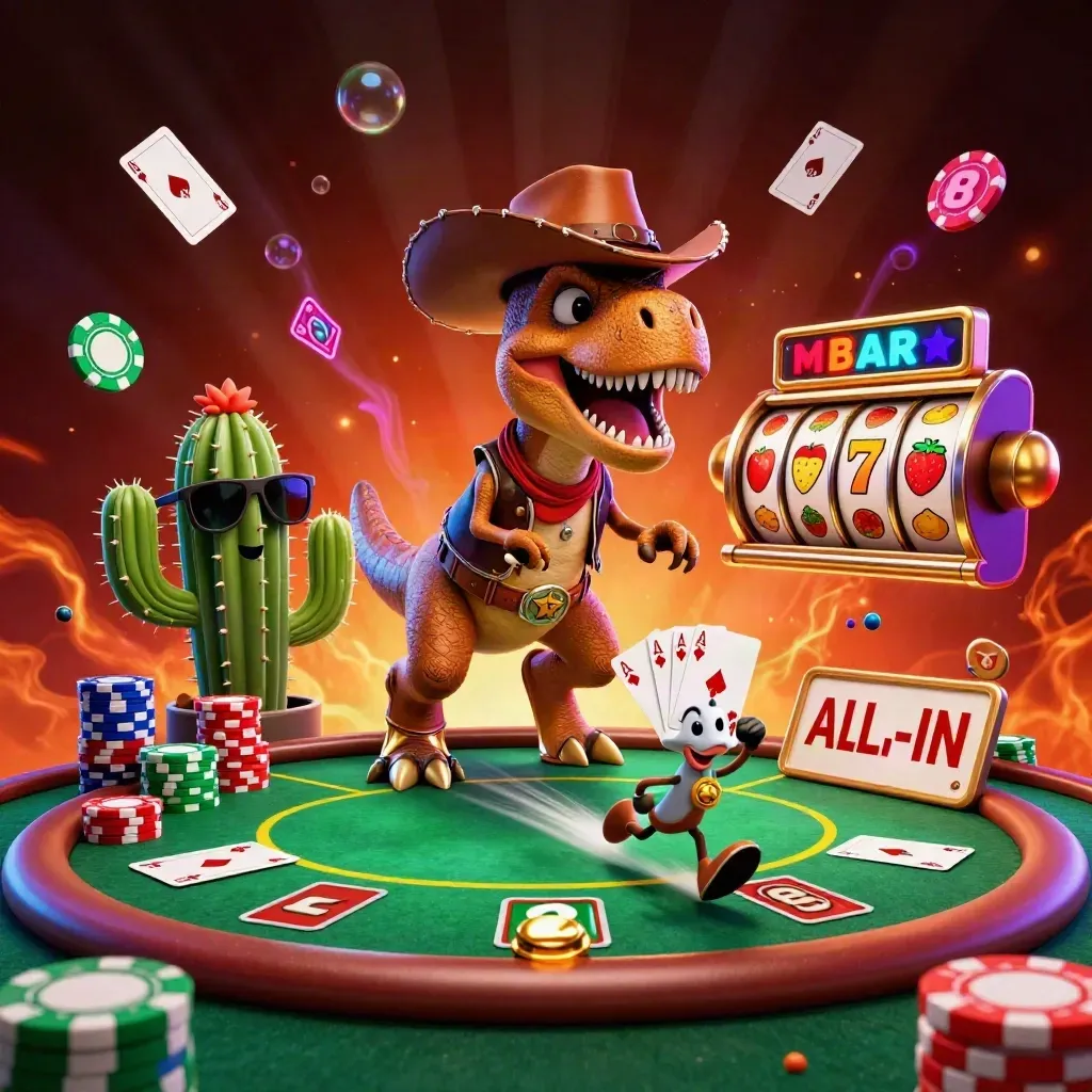 Cowboy T-Rex, cactus, and roadrunner explode amid poker, slots, chips, and jackpot glow.