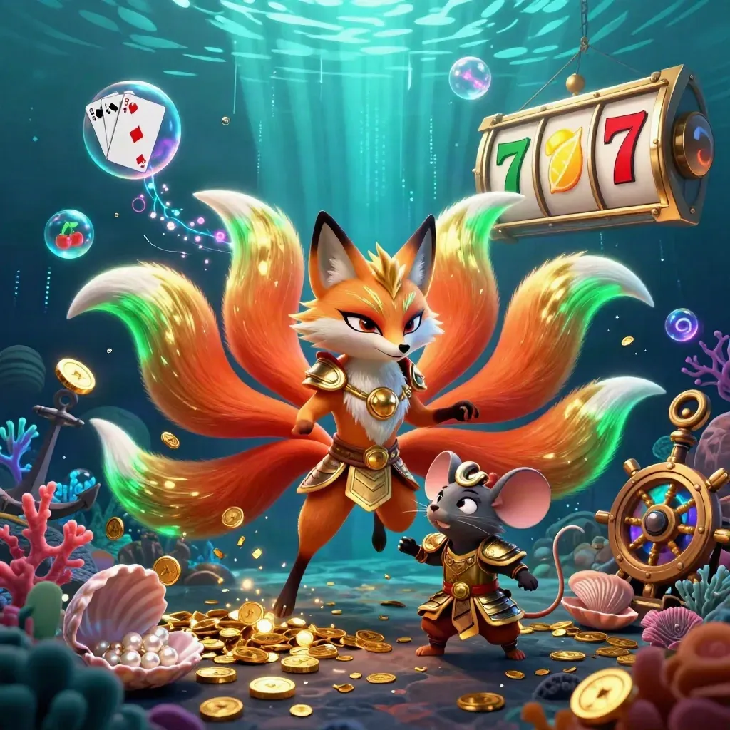 Fox spirit and samurai mouse in a neon-gold underwater treasure cove with cards, jackpots, and gold.