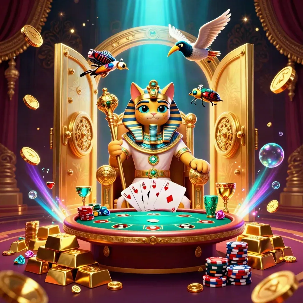Pharaoh cat on golden throne with scribe, scarabs, vault burst, gold, chips, and glowing casino lux