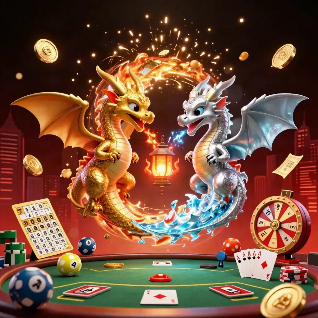 Gold and silver dragons swirl amid coins, chips, fireworks, and casino props on a dark luxe background.