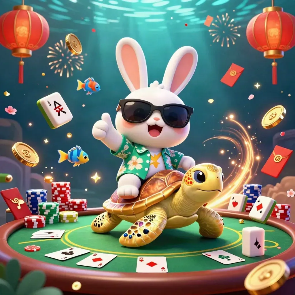Rabbit in sunglasses rides a jeweled sea turtle amid casino coins, chips, fireworks, and fish.