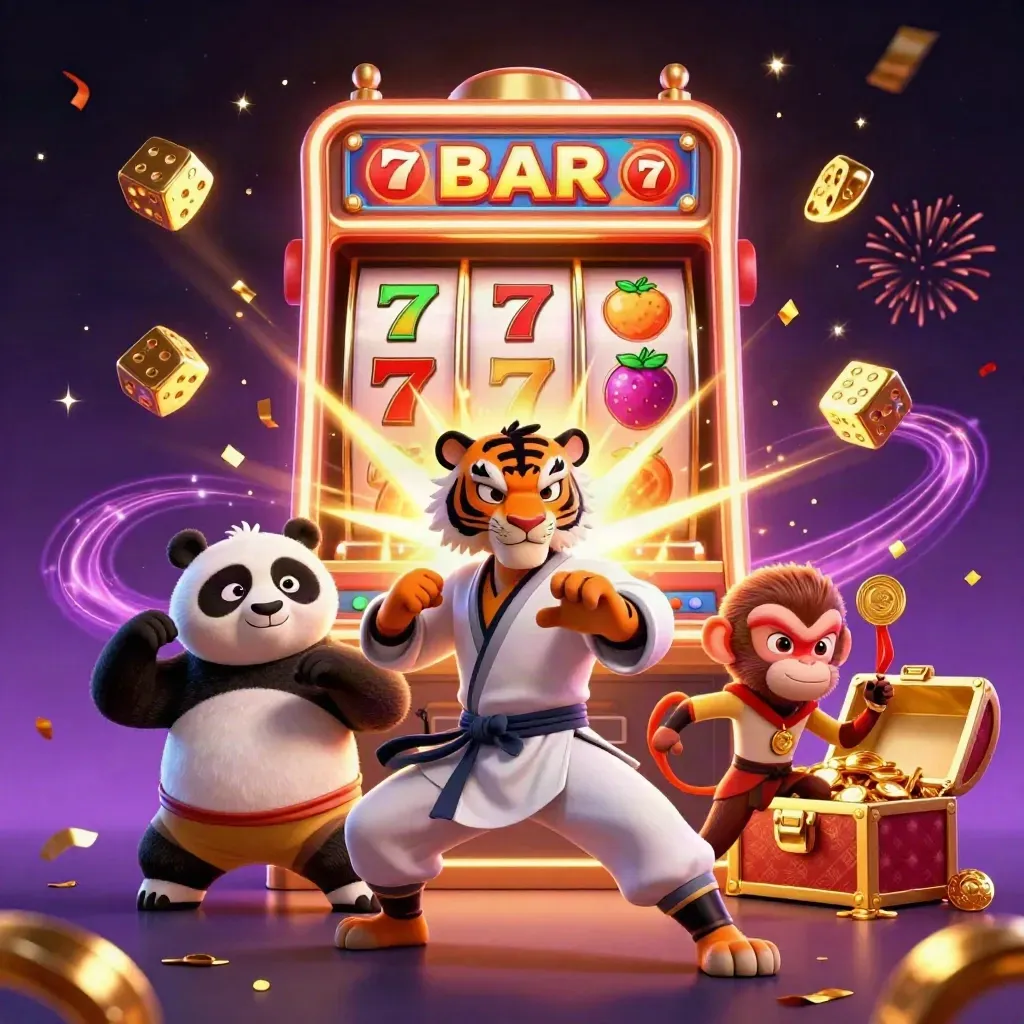 Tiger, panda, and monkey burst around a jackpot slot with gold, dice, reels, and neon magic.