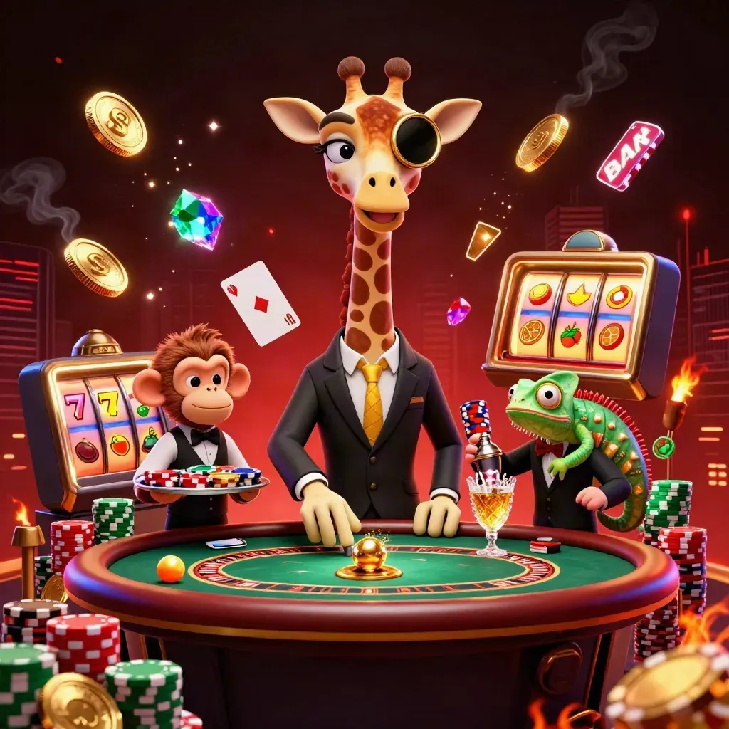 Giraffe high-roller, monkey valet, and chameleon bartender amid chips, coins, roulette, and jackpot glow