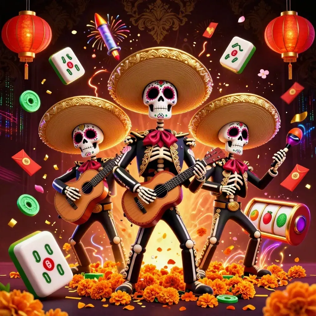 Three skeleton mariachi musicians amid jackpot reels, coins, lanterns, petals, and neon casino effects